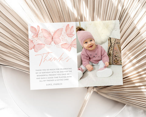 Birthday Thank You Card, Peach Butterfly Thank you, 1st Birthday Girl Butterfly Birthday Card, Thank You Girl Birthday Butterfly Party Decor