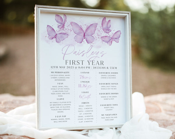 First Birthday Milestone Board Template, Purple Butterfly Milestone Board, Baby Milestone Sign, Butterfly Milestone Poster Birthday Girl