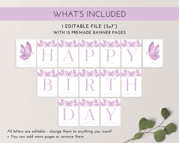 Butterfly Birthday Banner, Happy Birthday Banner Printable, 1st Birthday Decor Purple Butterfly Birthday Banner Editable, Happy Birthday