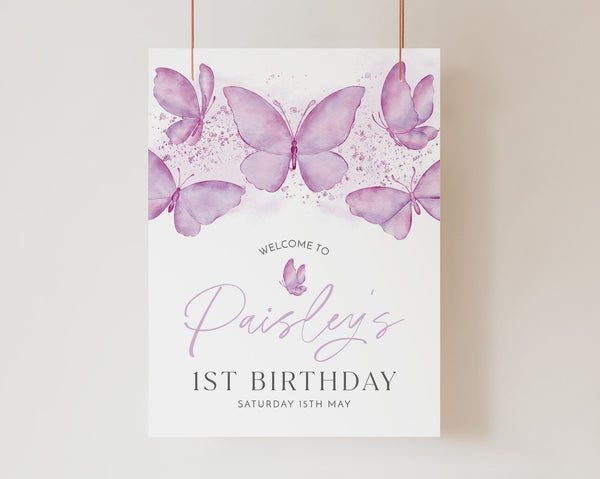 Butterfly 1st Birthday Welcome Sign, Purple Butterfly Birthday Welcome Sign, 1st Birthday Sign, Butterfly Party Decor, Birthday Welcome Sign