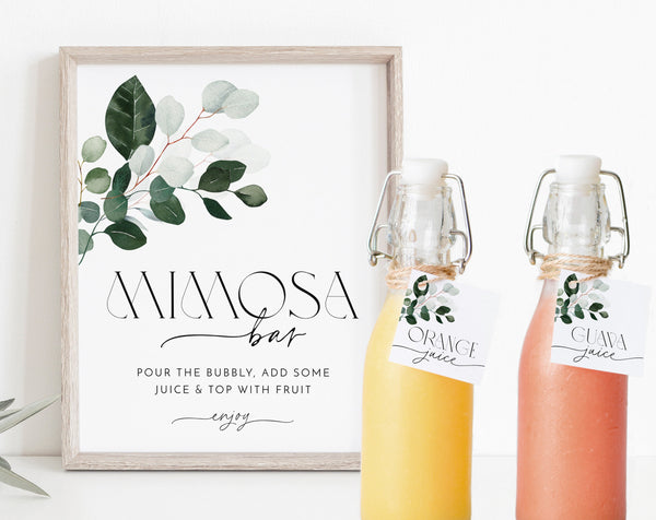 Mimosa Bar Sign, Greenery Mimosa Bar Sign, Bridal Shower Mimosa Bar Sign, Eucalyptus Leaf Mimosa Sign, Juice Labels, Mimosa and Juice Labels