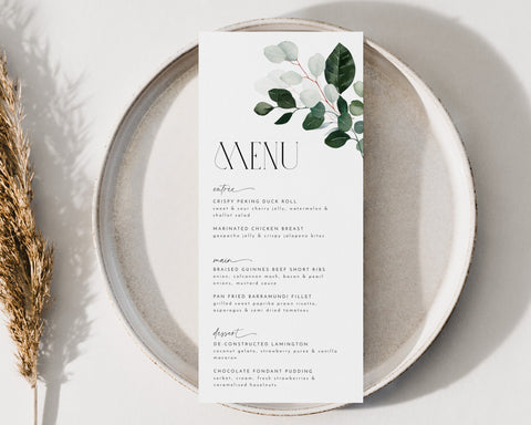 Greenery Menu Template, Printable Bridal Shower Menu, Greenery Menu, Editable Menu, Greenery Bridal Shower Menu Template, Eucalyptus Leaves