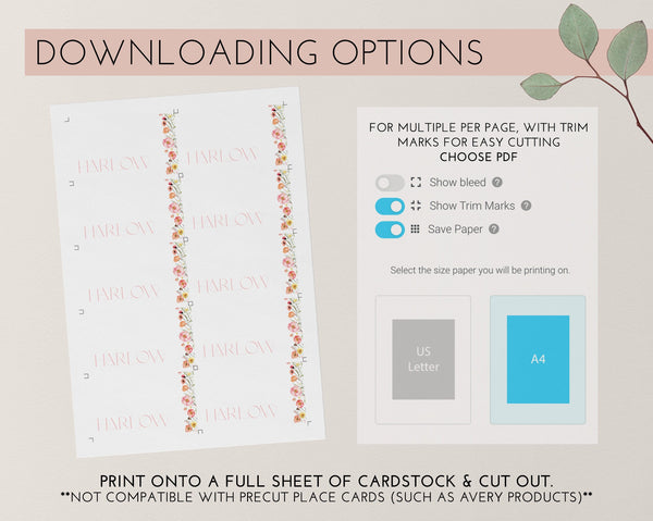 Floral Place Card Template, Printable Place Cards, Bridal Shower Place Cards, Floral Place Cards, Bridal Escort Cards, Wildflower Place Card