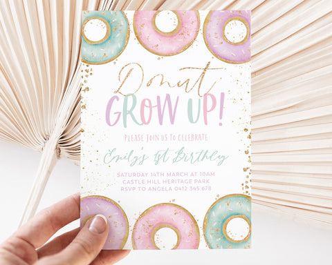 Donut Party Invitation, Donut First Birthday Invite, 1st Birthday Girl, Sweet One Birthday, Girls First Birthday, Donut Grow Up, Donut Pink