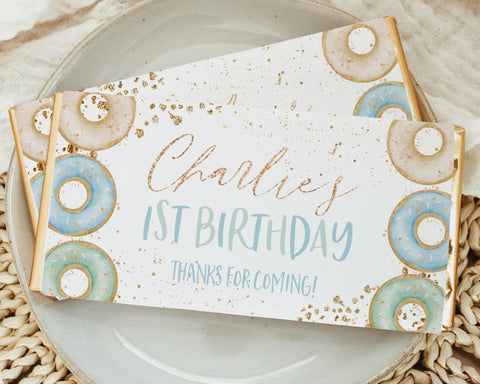 Donut Chocolate Bar Wrapper Template, Printable Candy Bar Wrapper, 1st Birthday Candy Bar Wrapper, Birthday Favors Donut Party Birthday Blue