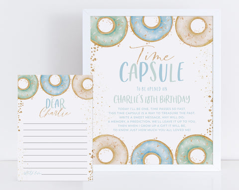 Donut Time Capsule, 1st Birthday Time Capsule Sign, Time Capsule Template, Donut Grow Up, Donut 1st Birthday, Donut Party Decorations Blue