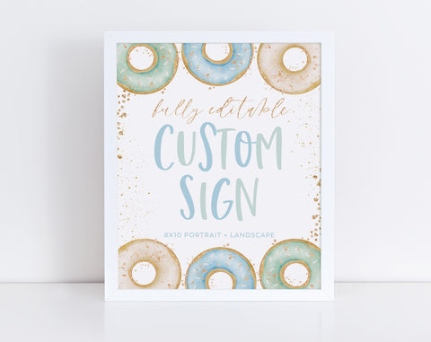 Donut Editable Sign, Custom 8x10 Sign, Printable Donut Sign 8x10, Custom Text, Landscape Sign Portrait Sign, Donut Birthday Party Decor Blue