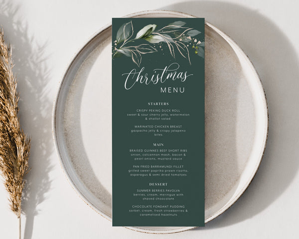 Christmas Menu Template, Holiday Dinner Menu, Green Leafy, Printable Christmas Party Menu, Work Christmas Party, Corporate Christmas