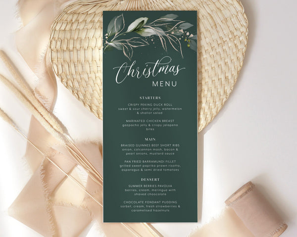 Christmas Menu Template, Holiday Dinner Menu, Green Leafy, Printable Christmas Party Menu, Work Christmas Party, Corporate Christmas