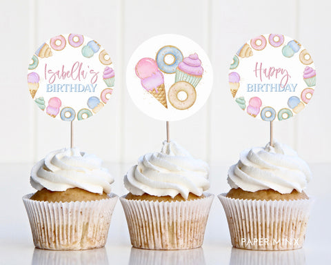 Sweet One Cupcake Toppers, Printable Cupcake Topper, Pastel Icecream Donut, 1st Birthday Editable Cupcake Toppers, Pastel Sweets Birthday