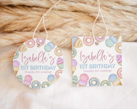 Sweet One Favor Tags, Editable Tags, Printable Favor Tags, Pastel Sweets, Donut Birthday Tag, Icecream Gift Tags, Candy Favor Labels, Girls