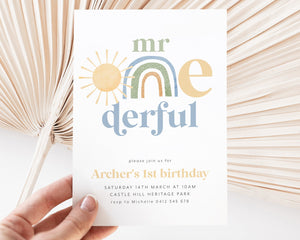 Mr Onederful Birthday Invitation, Sun and Rainbow Onederful Invitation, 1st Birthday Invitation, 1st Birthday Boy, Mr Onederful Blue Green