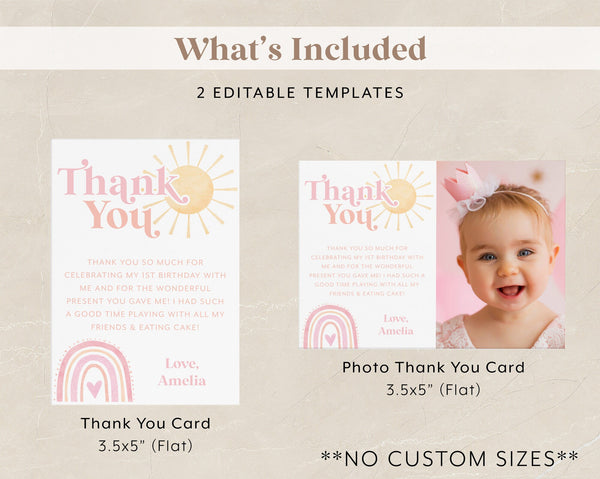 Rainbow Thank You Card Template, Printable Thank You Card, Onederful Birthday Thank You Card Editable Template, Rainbow Party Thank You Card