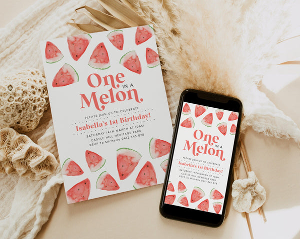 One In a Melon Invitation Template, Watermelon 1st Birthday Invite, Watermelon Girls First Birthday Invitation Red, Melon 1st Birthday Girl