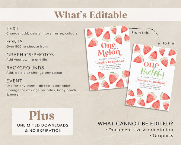 One In a Melon Invitation Template, Watermelon 1st Birthday Invite, Watermelon Girls First Birthday Invitation Red, Melon 1st Birthday Girl