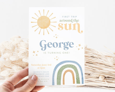 First Trip Around The Sun Birthday Invitation Template, Boys First Birthday Sun Rainbow Invitation, Printable 1st Birthday Blue Rainbow