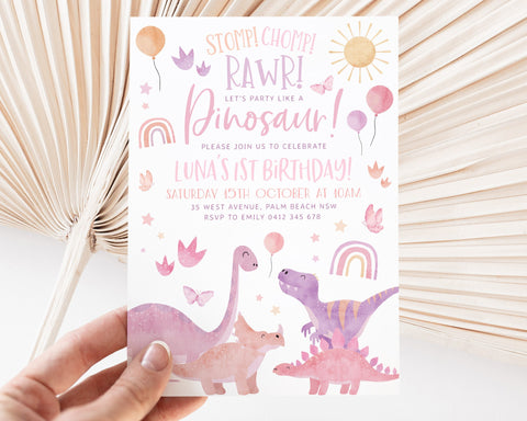 Dinosaur 1st Birthday Invitation Girl, Dinosaur First Birthday, Dinosaur Birthday, Printable Invitation Template, 1st Birthday Girl Dino