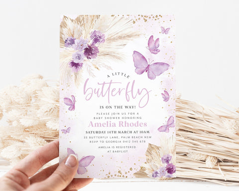 Boho Butterfly Baby Shower Invitation, Purple Butterfly Invitation Template, Boho Baby Shower Invite, Butterfly Baby Shower Invite Girl