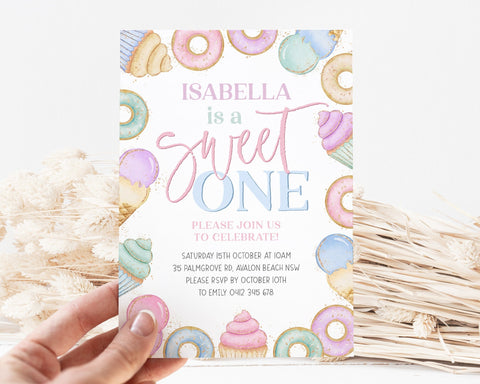 Sweet One Birthday Invitation, Pastel Girls 1st Birthday Party, Donut Cupcake Icecream Invitation, Candyland First Birthday Party