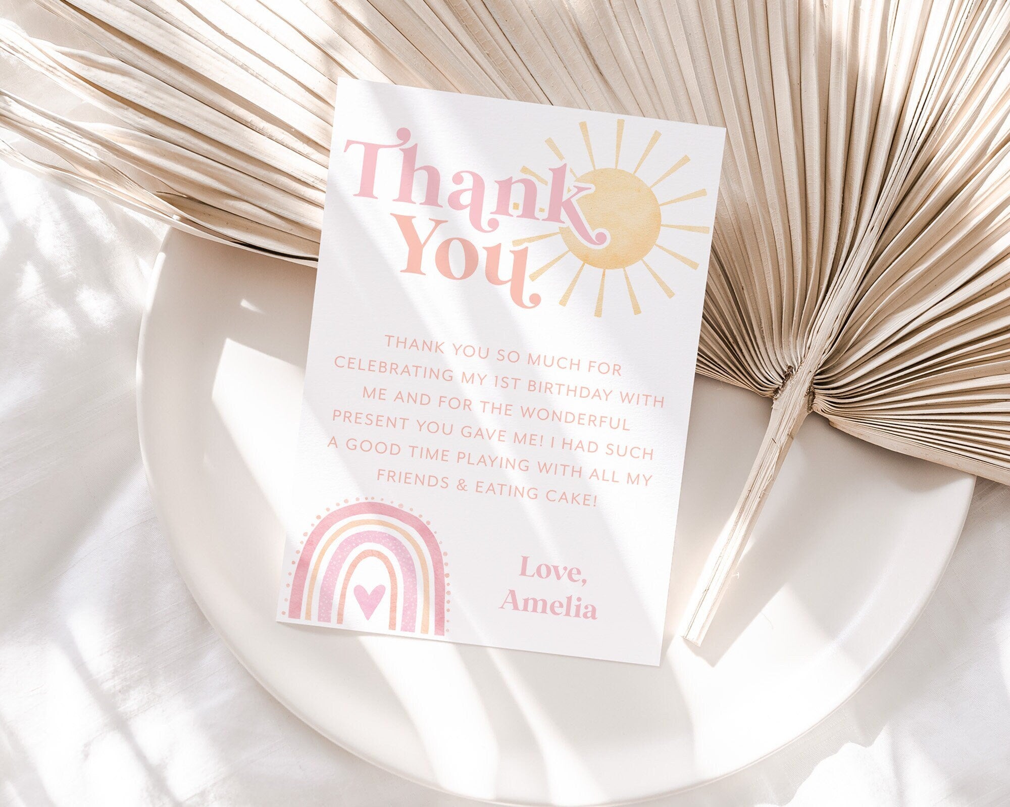 Rainbow Thank You Card Template, Printable Thank You Card, Onederful Birthday Thank You Card Editable Template, Rainbow Party Thank You Card