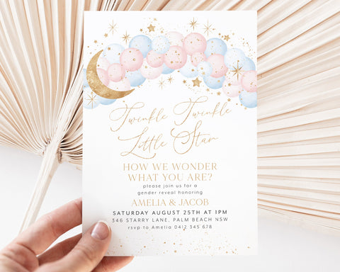 Twinkle Twinkle Little Star Gender Reveal Invitation Template, Pink and Blue Moon Stars Clouds Balloons Invitation, He Or She, Boy Or Girl