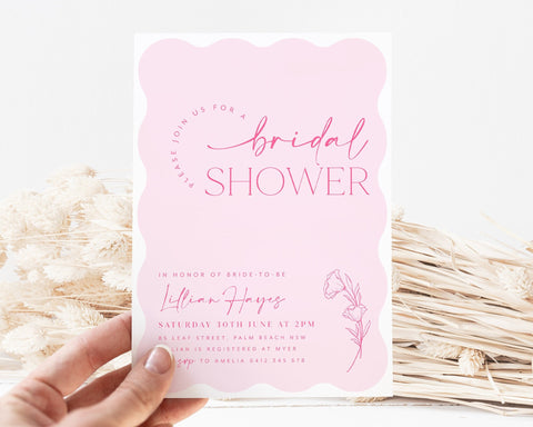 Wave Bridal Shower Invitation, Curve Modern Bridal Shower Invite, Pink Floral Bridal Shower, Editable Bridal Shower Template Wavy Shape