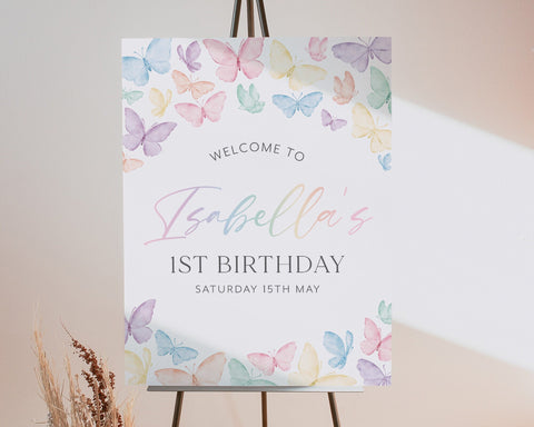 Rainbow Butterfly 1st Birthday Welcome Sign, Pastel Butterflies Welcome Sign, 1st Birthday Sign, Pastel Rainbow Butterfly Party Decor Girl