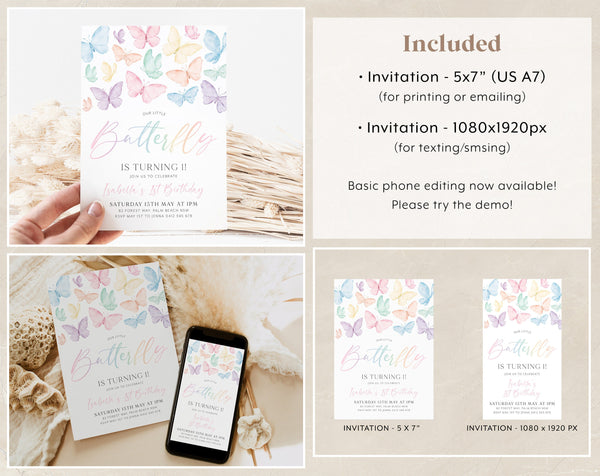 Rainbow Butterfly Birthday Invitation Bundle, Pastel Butterfly Invitation, 1st Birthday Girl, First Birthday Decorations, Butterfly Decor