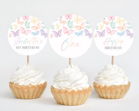 Rainbow Butterfly Cupcake Toppers, Printable Cupcake Toppers, Pastel Butterfly Birthday Cupcake Toppers, Birthday Editable Cupcake Toppers