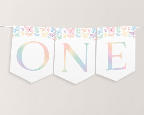 Rainbow Butterfly High Chair Banner Printable, Pastel Butterfly 1st Birthday Banner For High Chair, Butterflies 1st Birthday Decor Banner