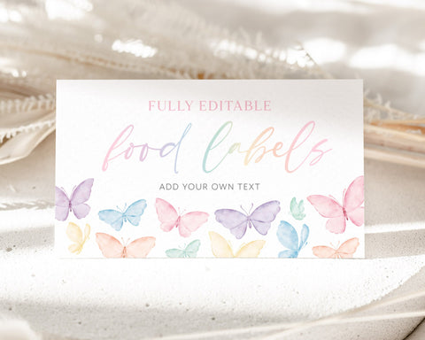 Editable Food Labels, Rainbow Butterfly Food Label Card, 1st Birthday Food Tags, Folded Food Cards, Tented Food Labels, Pastel Butterflies