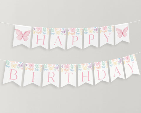 Rainbow Butterfly Birthday Banner, Happy Birthday Banner Printable, 1st Birthday Decor, Pastel Butterflies Birthday Banner Editable Rainbow