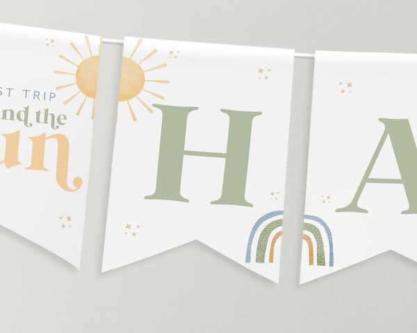 First Trip Around the Sun Birthday Banner Printable, Happy Birthday Banner, 1st Birthday Decor, Rainbow Birthday Party Banner Editable