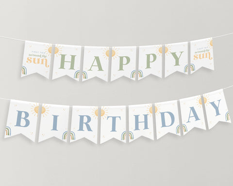 First Trip Around the Sun Birthday Banner Printable, Happy Birthday Banner, 1st Birthday Decor, Rainbow Birthday Party Banner Editable