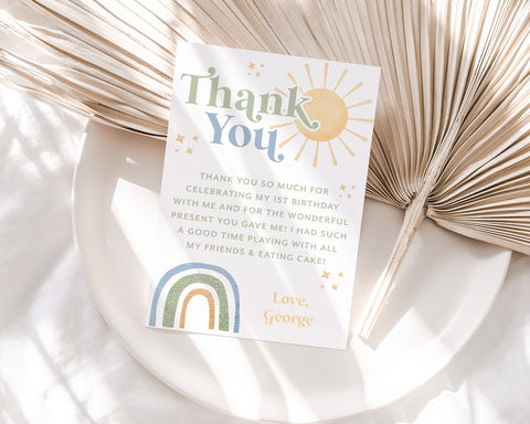 First Trip Around the Sun Thank You Card Template, Printable Thank You Card, Rainbow Thank You Card Editable Template, Sun Thank You Card