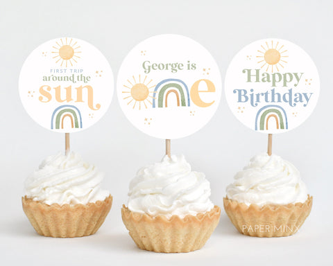 First Trip Around the Sun Cupcake Toppers, Printable Cupcake Topper, Rainbow 1st Birthday Editable Cupcake Toppers, Rainbow Sun 1st Birthday