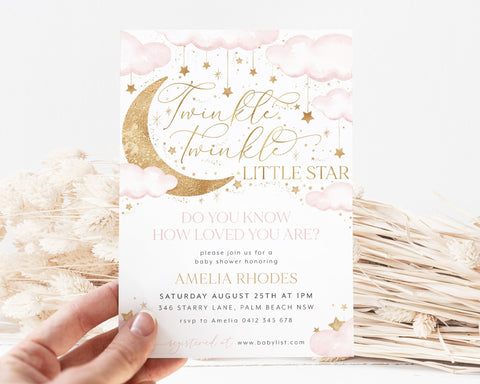 Twinkle Twinkle Little Star Invitation, Baby Shower Invitation, Girl Baby Shower Instant Download Template, Little Star Pink Invitation Girl