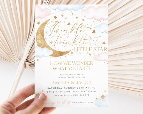 Twinkle Twinkle Little Star Gender Reveal Invitation Template, Pink and Blue Moon Stars Clouds Invitation, He Or She, Boy Or Girl Invite