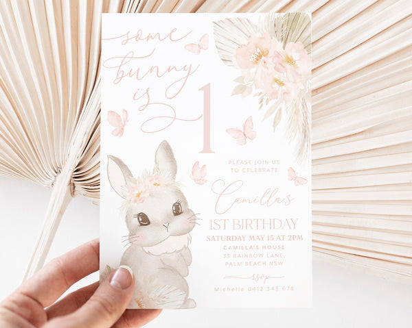 Some Bunny is One Invitation, Boho Some Bunny is Turning One Invite, Boho Bunny Birthday Party Invitation, 1st Birthday Girl, Butterflies