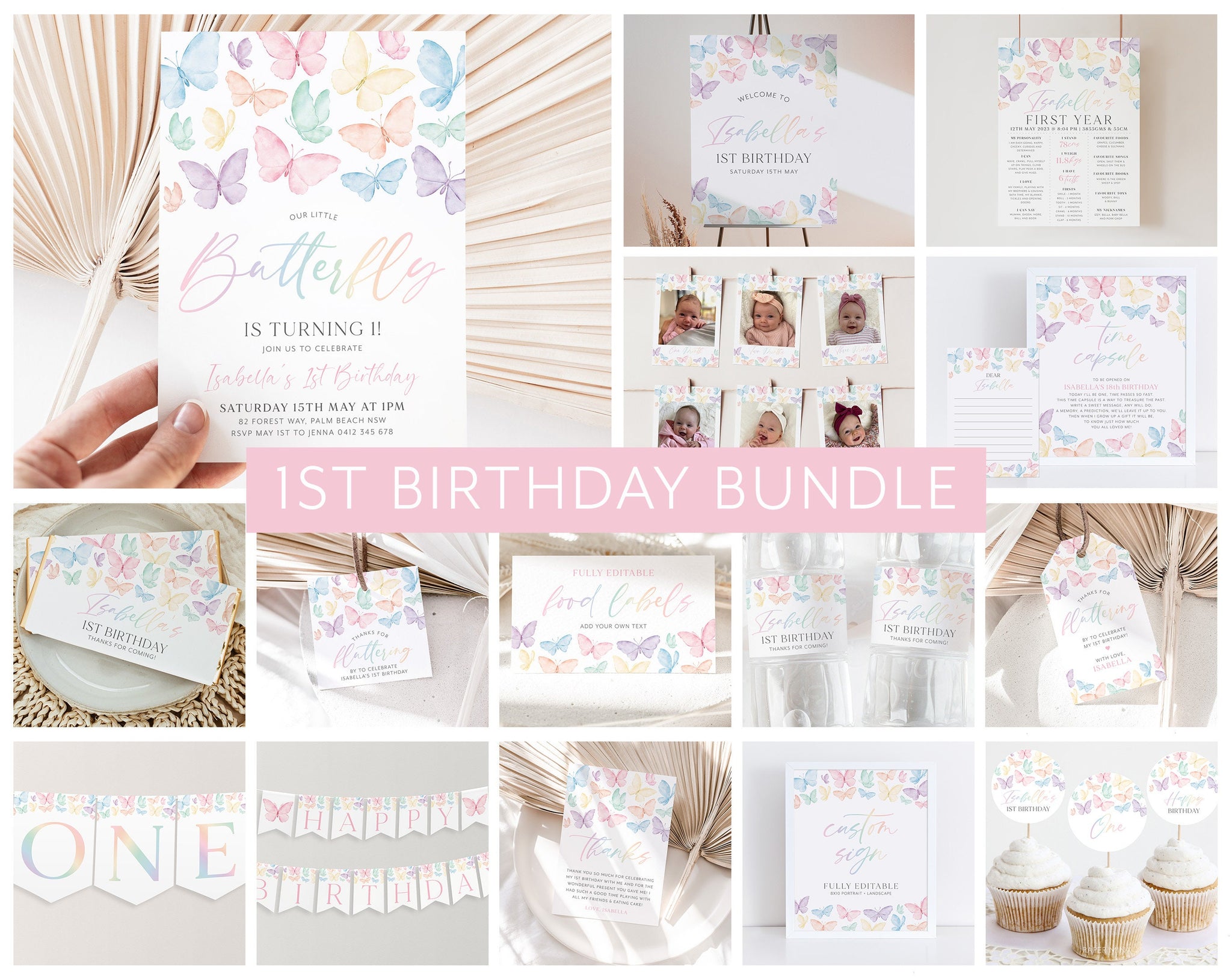 Rainbow Butterfly Birthday Invitation Bundle, Pastel Butterfly Invitation, 1st Birthday Girl, First Birthday Decorations, Butterfly Decor