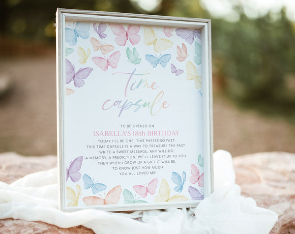 Rainbow Butterfly Time Capsule, 1st Birthday Time Capsule Sign, Pastel Butterfly Girls 1st Birthday, Birthday Girl Time Capsule Butterflies