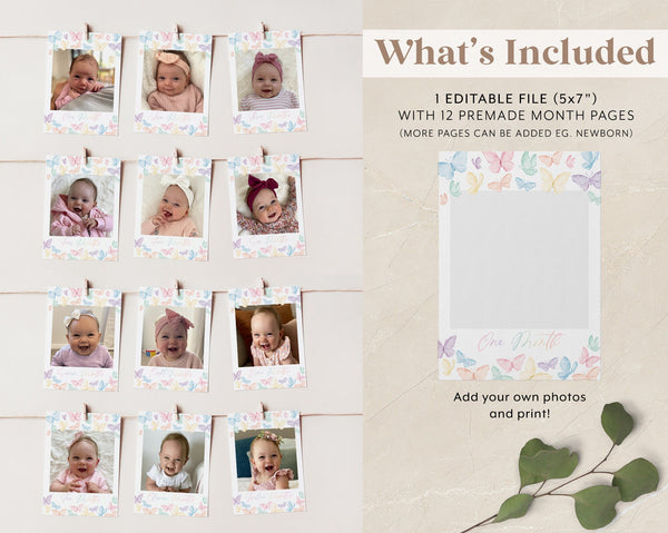 Rainbow Butterfly 1st Year Photo Banner, Pastel Butterfly Birthday Milestone Photos, Baby's First Year Month Photos, Monthly Photo Banner