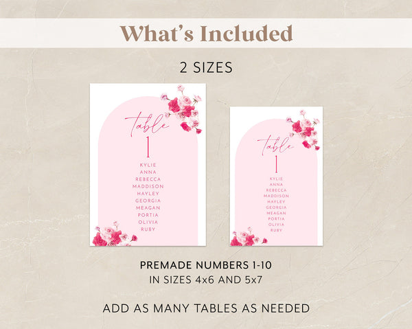 Pink Floral Table Numbers, Bridal Shower Table Numbers, Pink Table Numbers, Table Number Template, Printable Table Numbers, Floral Bridal