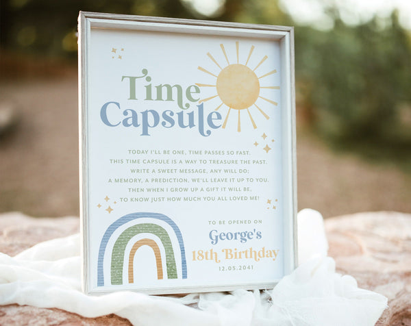 First Trip Around the Sun Time Capsule, 1st Birthday Time Capsule Sign, Time Capsule Template, Rainbow Sun 1st Birthday Decorations Boy