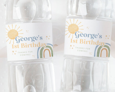 First Trip Around the Sun Water Bottle Labels, Rainbow Water Labels, Printable Water Bottle Label, Rainbow Sun Water Labels Birthday Boy