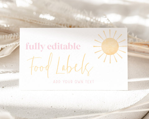 Sun Food Labels, 1st Birthday Food Label Card, Food Tent Card, Birthday Food Tags, Folded Food Cards, Tented Food Labels, Little Sunshine