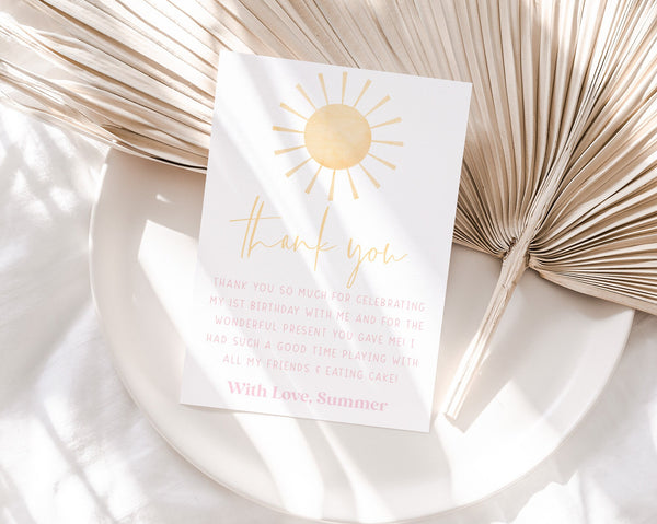 Sun Thank You Card Template, Printable Thank You Card, Girls Birthday Thank You Card Editable Template, Sun Birthday Party Thank You Card