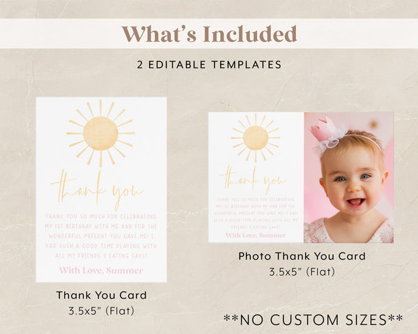 Sun Thank You Card Template, Printable Thank You Card, Girls Birthday Thank You Card Editable Template, Sun Birthday Party Thank You Card