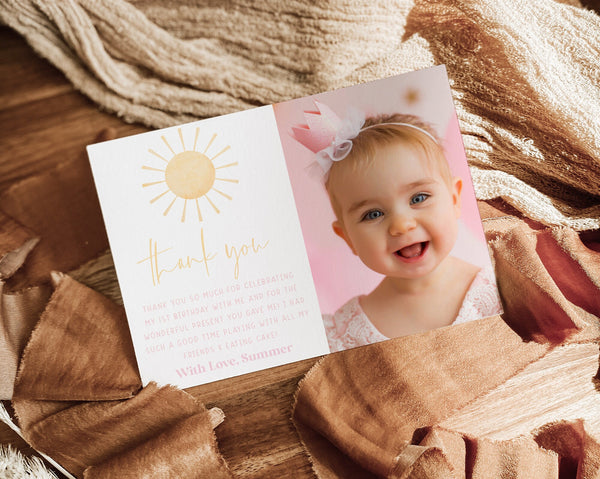 Sun Thank You Card Template, Printable Thank You Card, Girls Birthday Thank You Card Editable Template, Sun Birthday Party Thank You Card