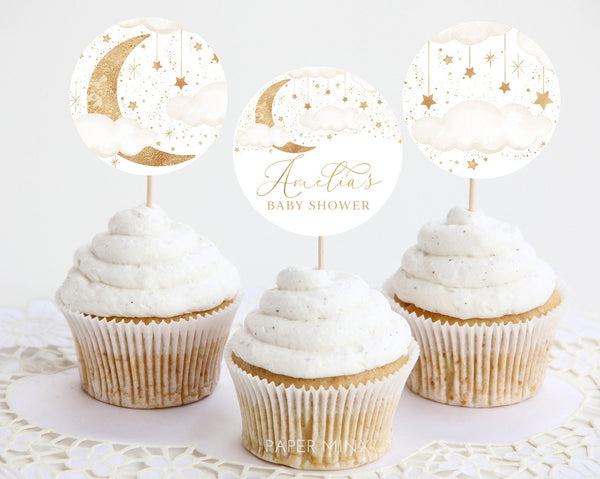 Moon Stars Baby Shower Cupcake Toppers, Over the Moon Cupcake Toppers, Printable Cupcake Toppers, Editable Cupcake Toppers, Twinkle Twinkle